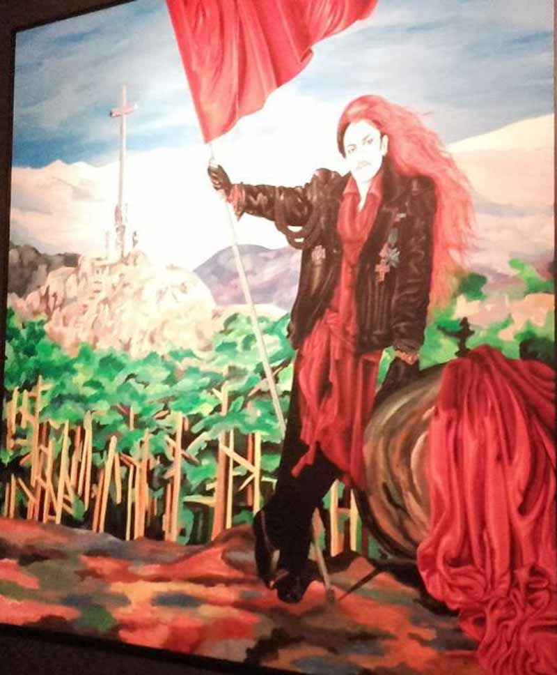 cuadro de un hombre con pelo largo y rojo, bandera roja 