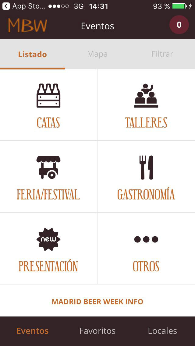 captura de pantalla del la App del evento, con los diferentes apartados que se ofrecen