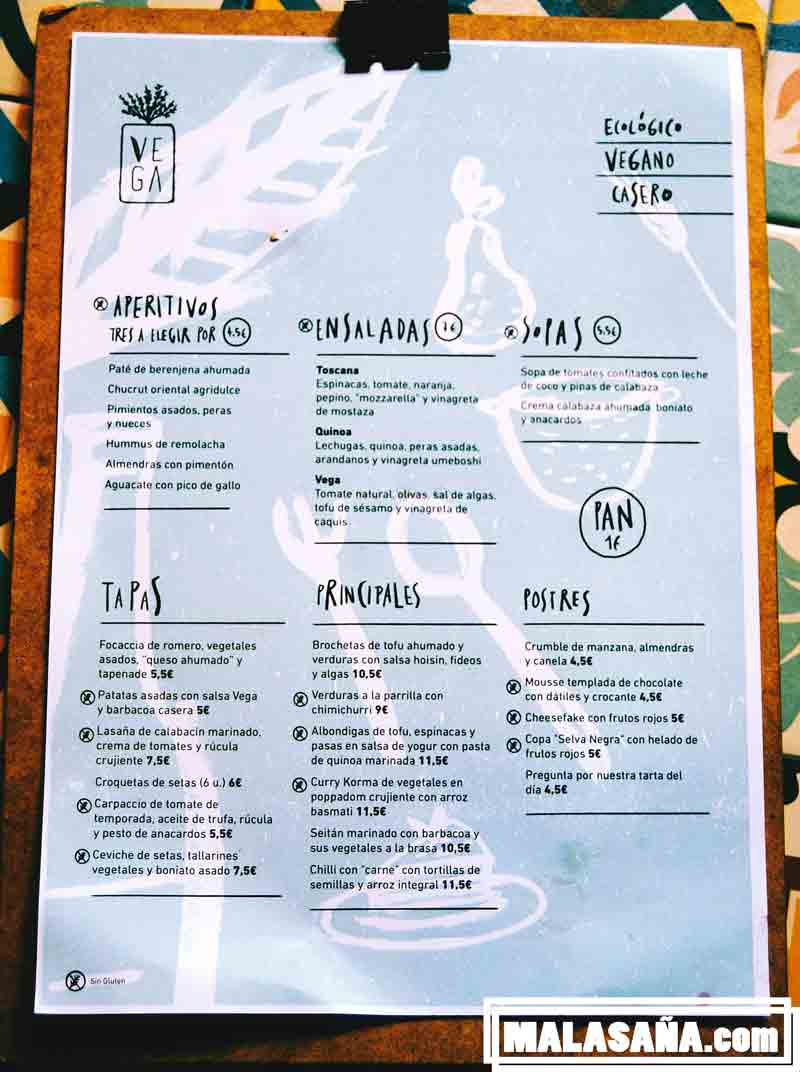 carta del restaurante Vega