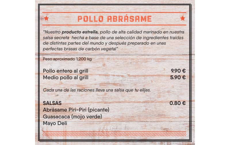 carta del restaurante con el precio