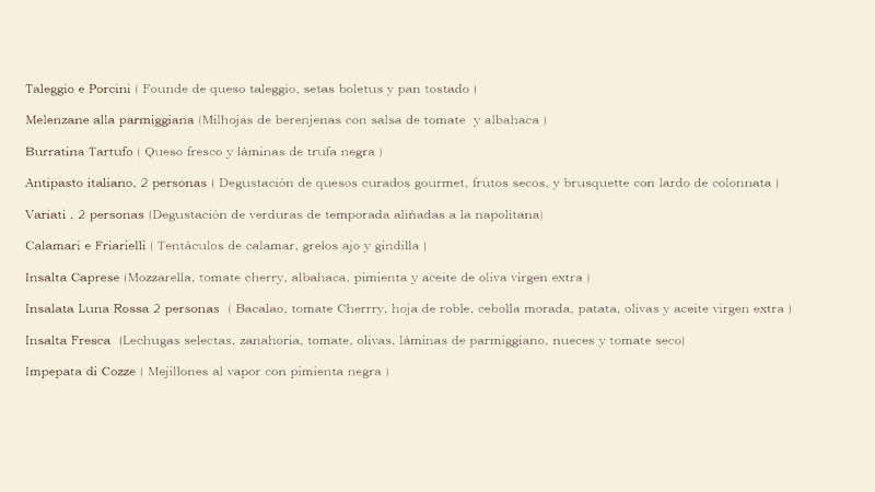 lista de pizzas de la carta del restaurante Luna Rossa