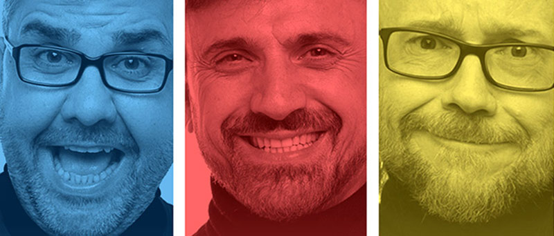 el sentido del humor Los tres artistas en primer plano cada uno de un color. Flo, Mota y Segura