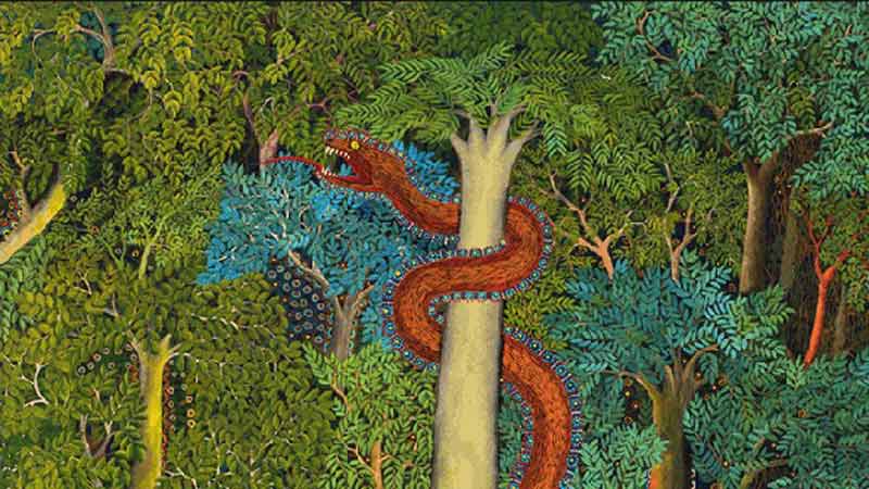 Arte de Amazonías, donde se puede ver un bosque frondoso verde y una serpiente roja subida a un árbol