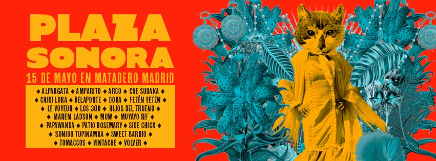 Cartel del Festival Plaza Sonora con una cara de gato con tres ojos en el cuerpo de una mujer y vegetación alrededor de esta