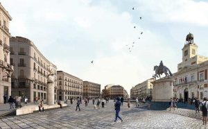 Imagen panorámica de la Puerta del Sol remodelada, en la que aparacen las estatuas y personas paseando.