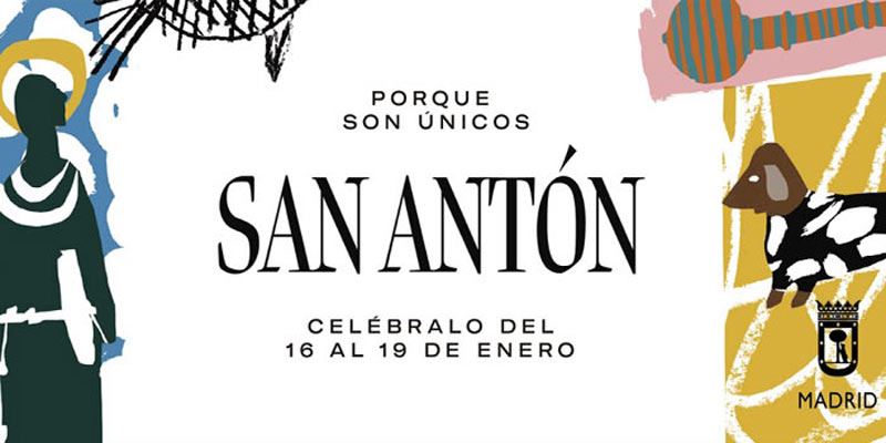 Cartel oficial de las fiestas de san Antón en el que están dibujados un santo y un perro y en el que se puede leer en el centro"porque son únicos. San Antón. Celébralo del 16 al 19 de enero"