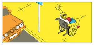 Dibujo de un hombre en silla de ruedas cerrando su coche.