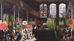 Hombres en un parlamento con cabezas de plantas.