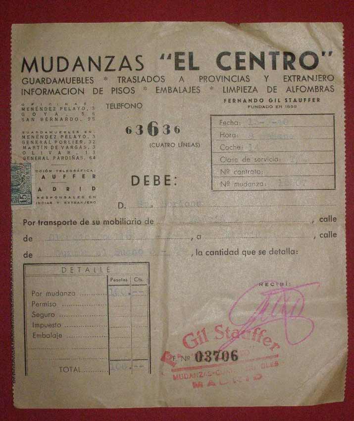 factura antigua de mudanzas el centro con sello de gil stauffer